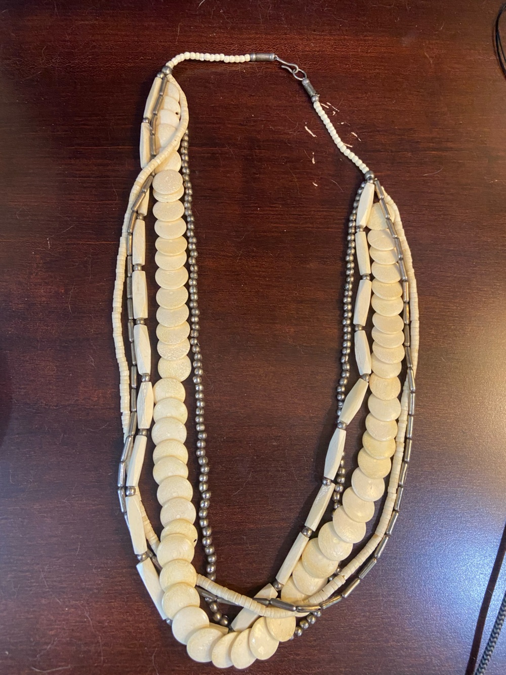 Bone and silver tone Beaded Multi-Strand Necklace - Cream & Silver